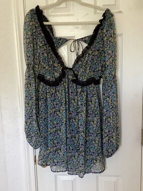 Free People Blue Floral Open-Back Tunic with Black Lace